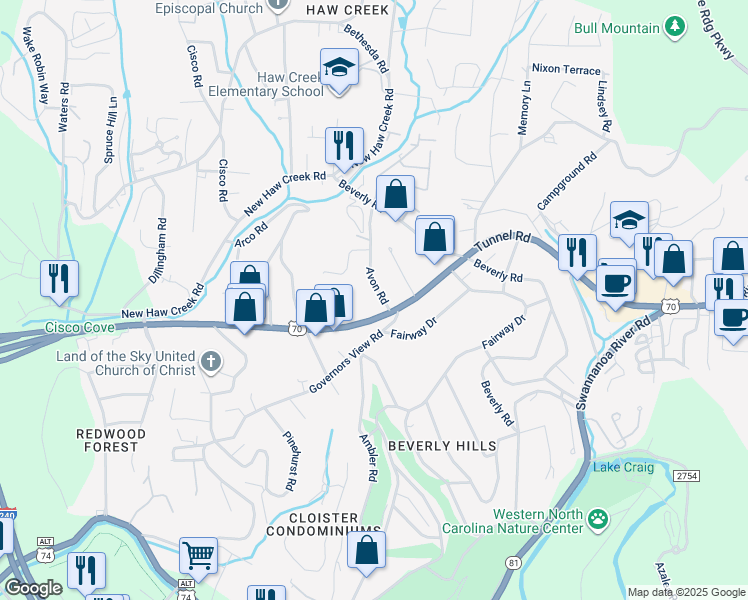map of restaurants, bars, coffee shops, grocery stores, and more near 860 Tunnel Road in Asheville