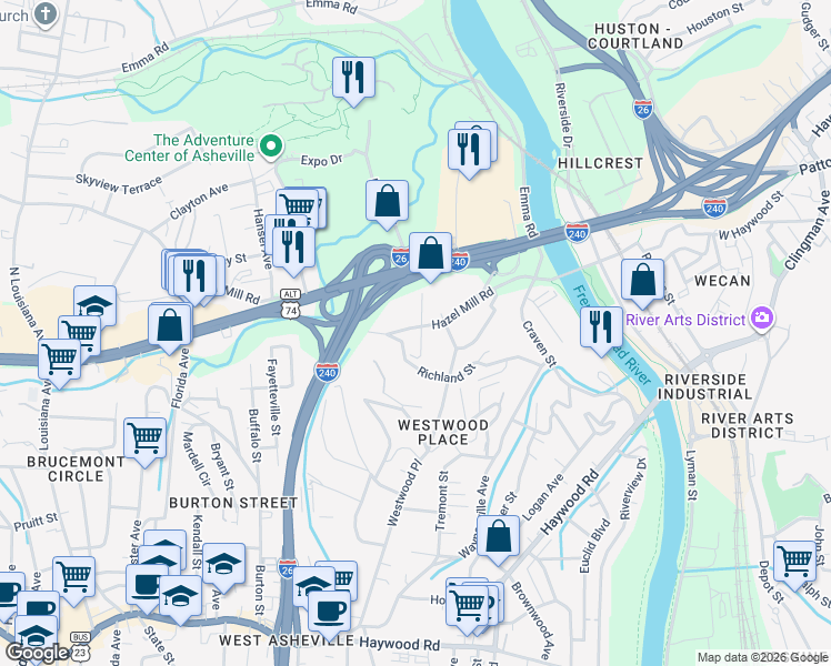 map of restaurants, bars, coffee shops, grocery stores, and more near 120 Hazel Mill Road in Asheville
