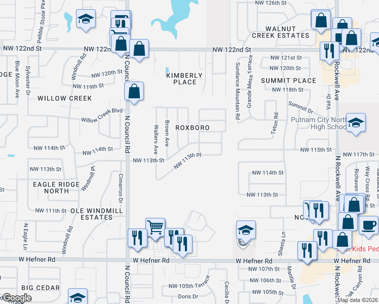 map of restaurants, bars, coffee shops, grocery stores, and more near 7624 Northwest 113th Street in Oklahoma City