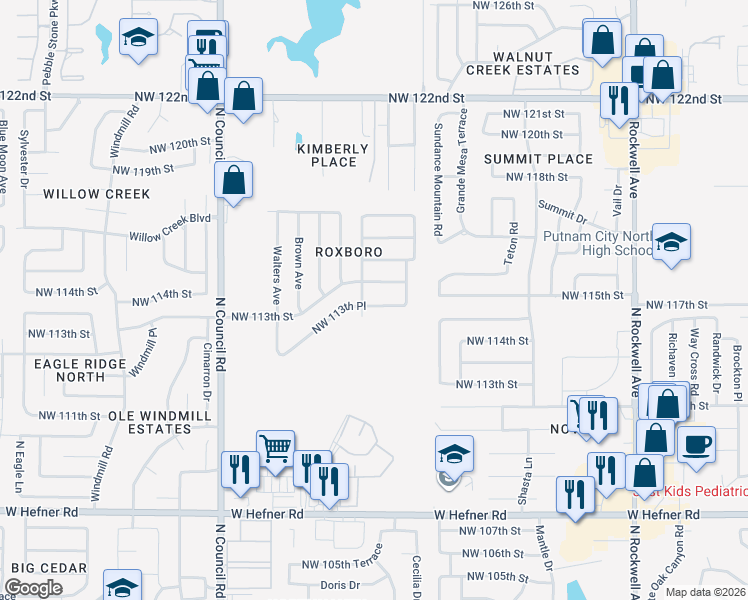map of restaurants, bars, coffee shops, grocery stores, and more near 7521 Northwest 113th Place in Oklahoma City