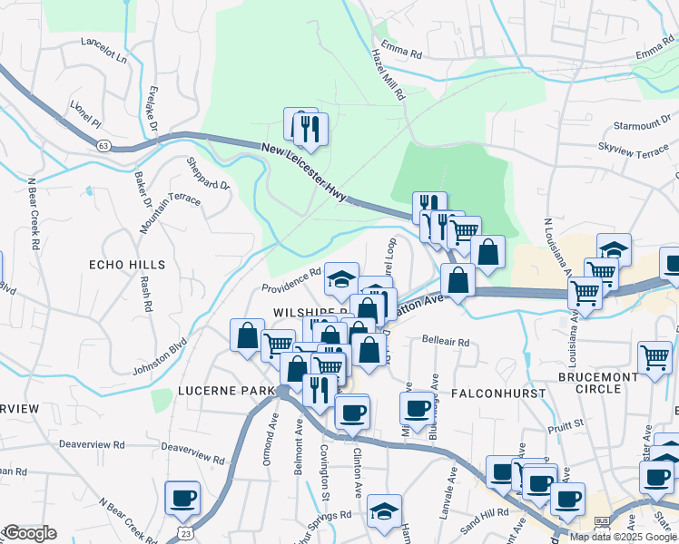 map of restaurants, bars, coffee shops, grocery stores, and more near 196 Providence Road in Asheville