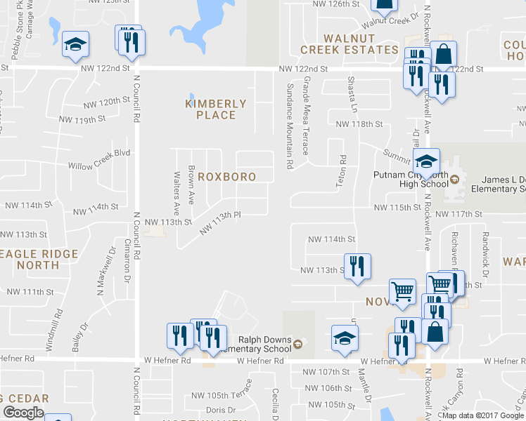 map of restaurants, bars, coffee shops, grocery stores, and more near 7503 Northwest 113th Place in Oklahoma City
