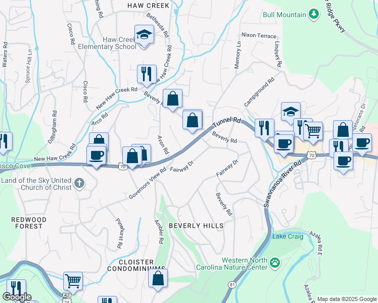 map of restaurants, bars, coffee shops, grocery stores, and more near 915 U.S. 70 in Asheville