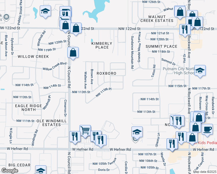 map of restaurants, bars, coffee shops, grocery stores, and more near 7603 Northwest 113th Place in Oklahoma City