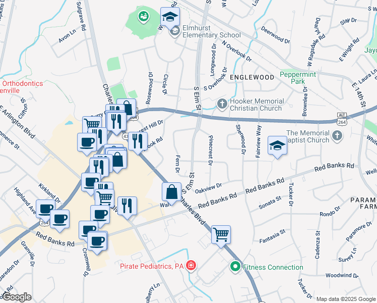 map of restaurants, bars, coffee shops, grocery stores, and more near 2006 South Elm Street in Greenville