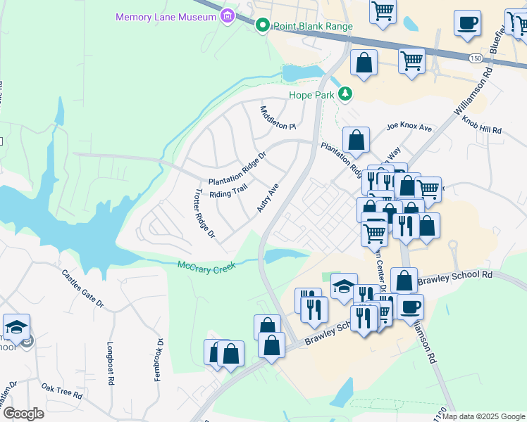 map of restaurants, bars, coffee shops, grocery stores, and more near 159 Autry Avenue in Mooresville