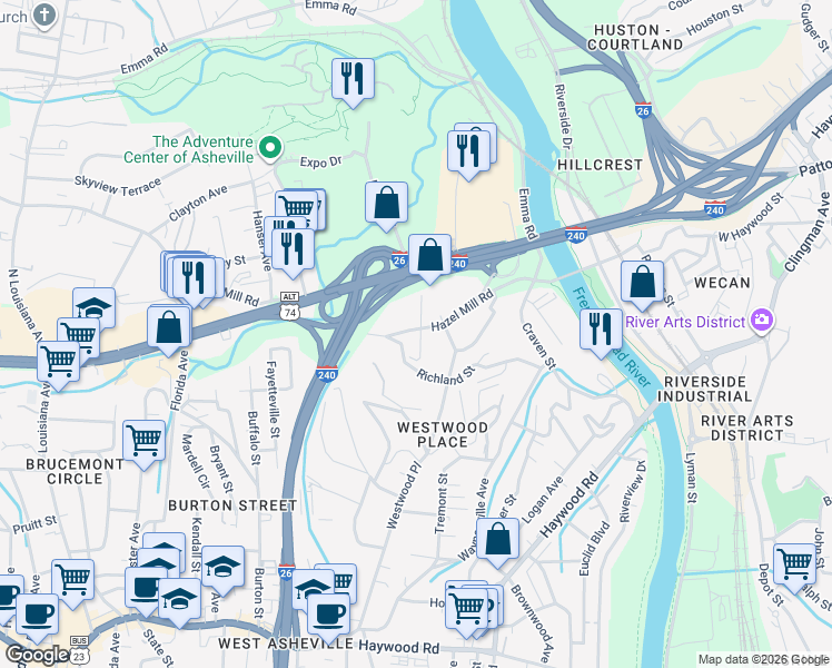 map of restaurants, bars, coffee shops, grocery stores, and more near 120 Hazel Mill Road in Asheville