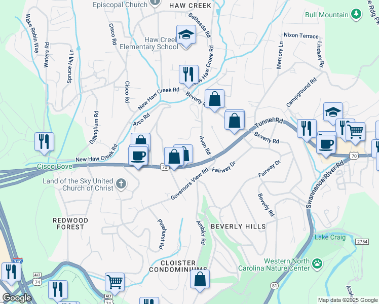 map of restaurants, bars, coffee shops, grocery stores, and more near 860 Tunnel Road in Asheville