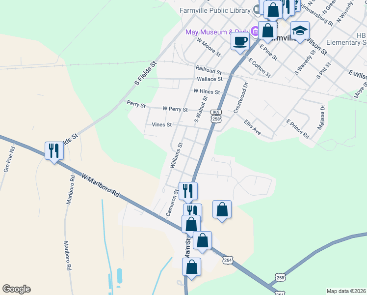 map of restaurants, bars, coffee shops, grocery stores, and more near 3648 Cameron Street in Farmville