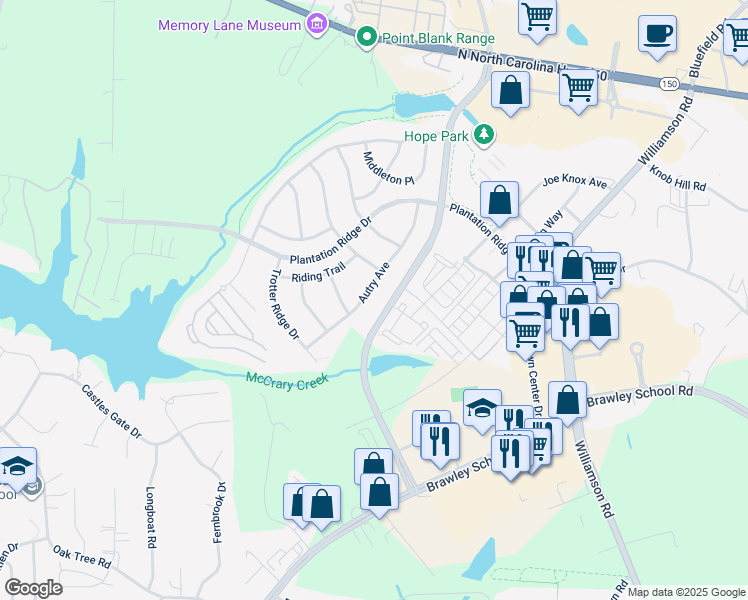 map of restaurants, bars, coffee shops, grocery stores, and more near 157 Autry Avenue in Mooresville
