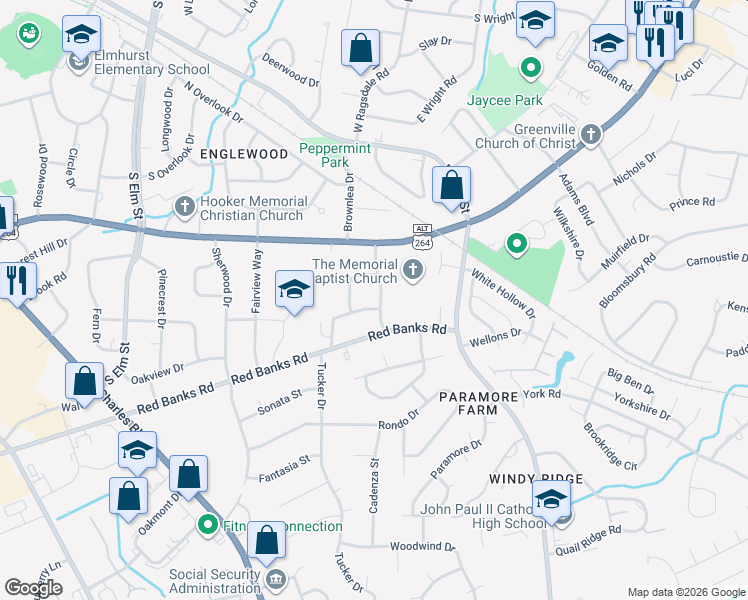map of restaurants, bars, coffee shops, grocery stores, and more near 204 Dellwood Drive in Greenville