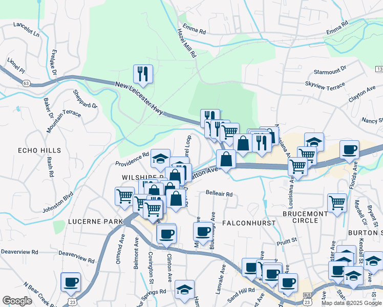 map of restaurants, bars, coffee shops, grocery stores, and more near 40 Laurel Loop in Asheville