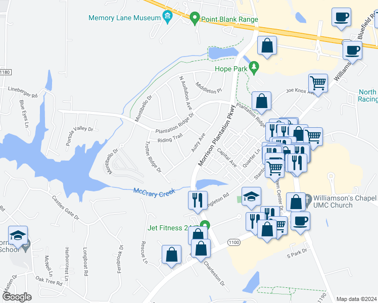 map of restaurants, bars, coffee shops, grocery stores, and more near 162 Autry Avenue in Mooresville
