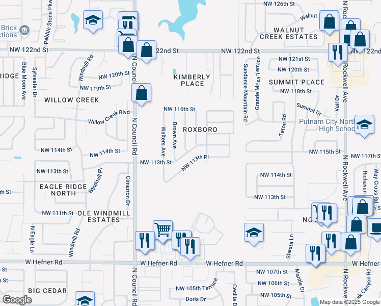 map of restaurants, bars, coffee shops, grocery stores, and more near 7624 Northwest 113th Street in Oklahoma City