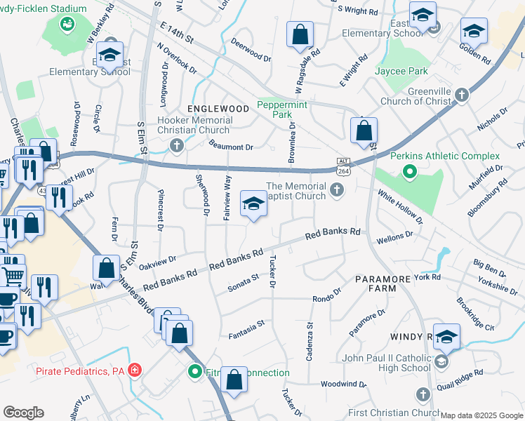 map of restaurants, bars, coffee shops, grocery stores, and more near 1325 Red Banks Road in Greenville