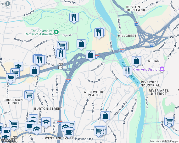 map of restaurants, bars, coffee shops, grocery stores, and more near 120 Hazel Mill Road in Asheville