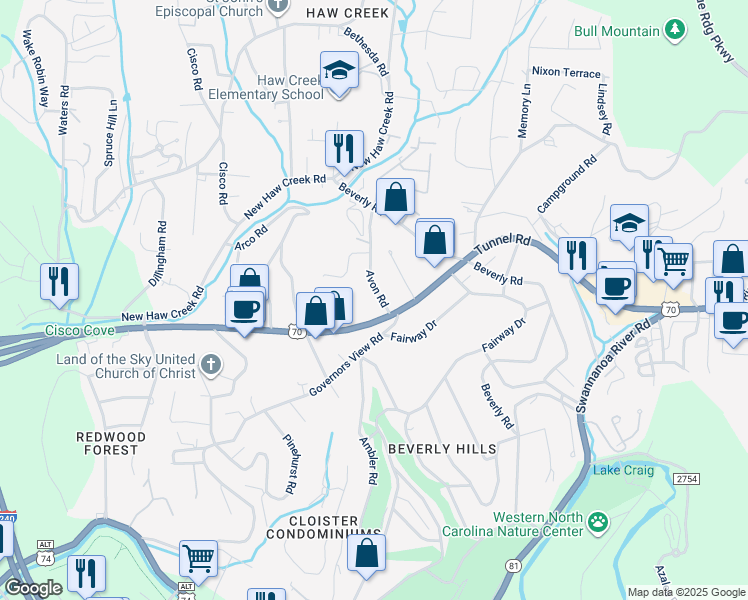 map of restaurants, bars, coffee shops, grocery stores, and more near 860 Tunnel Road in Asheville