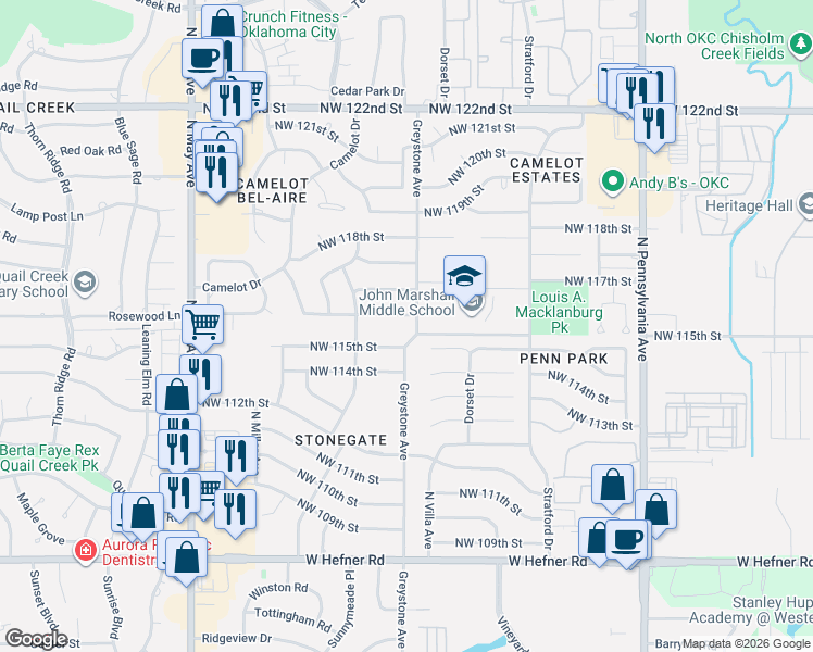 map of restaurants, bars, coffee shops, grocery stores, and more near 11513 Greystone Avenue in Oklahoma City