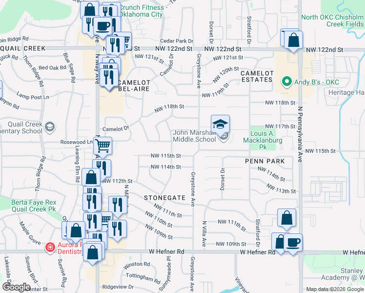 map of restaurants, bars, coffee shops, grocery stores, and more near 2525 Northwest 115th Street in Oklahoma City