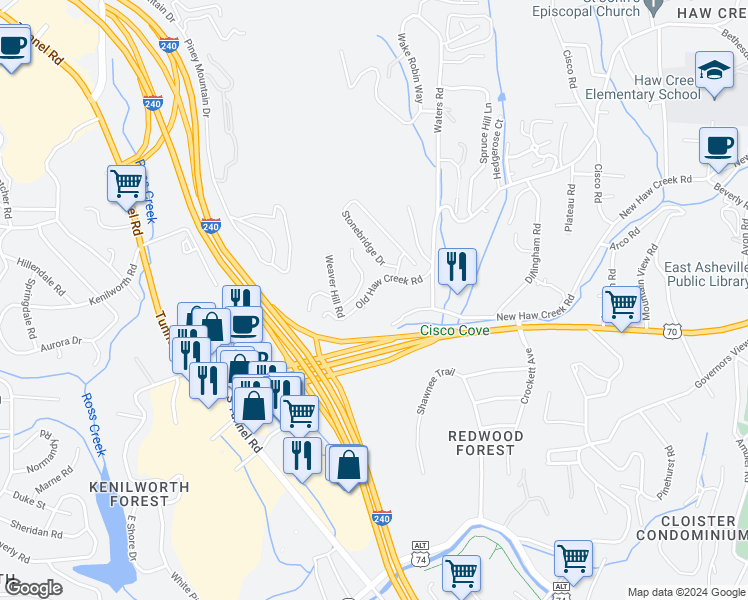 map of restaurants, bars, coffee shops, grocery stores, and more near 79 Old Haw Creek Road in Asheville