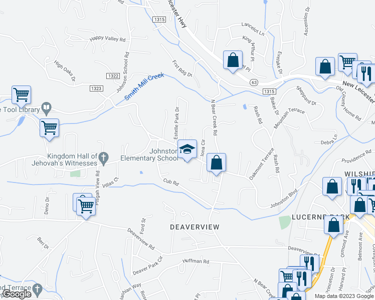 map of restaurants, bars, coffee shops, grocery stores, and more near 227 Johnston Boulevard in Asheville