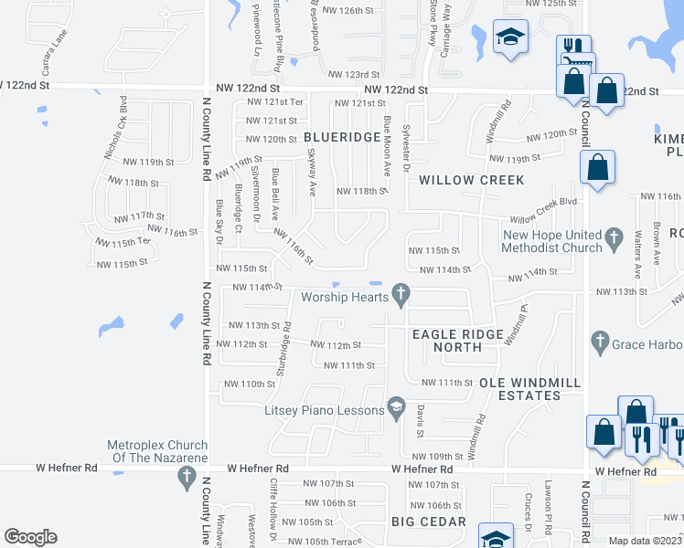 map of restaurants, bars, coffee shops, grocery stores, and more near 8608 Northwest 116th Street in Oklahoma City