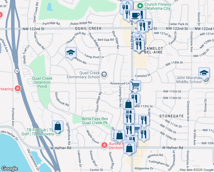 map of restaurants, bars, coffee shops, grocery stores, and more near 3015 Willow Brook Road in Oklahoma City