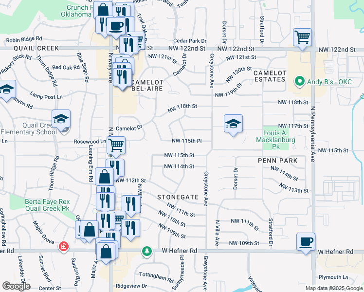 map of restaurants, bars, coffee shops, grocery stores, and more near 2609 Northwest 115th Street in Oklahoma City