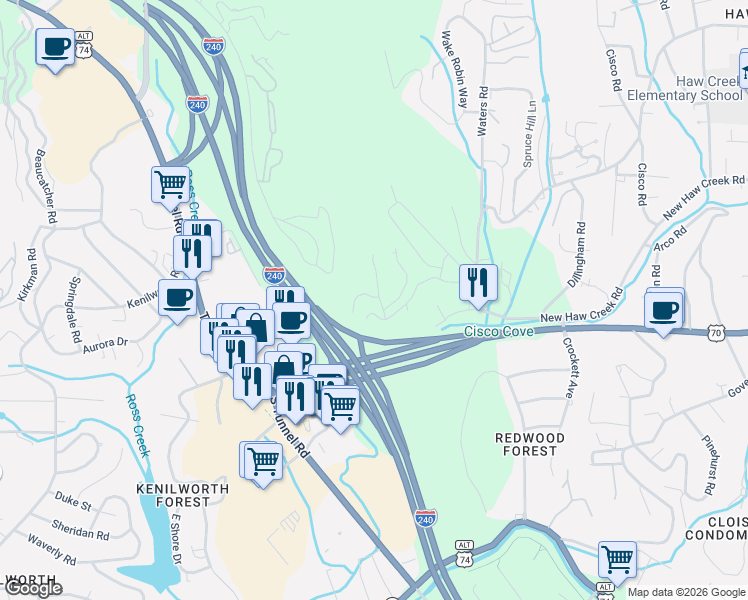 map of restaurants, bars, coffee shops, grocery stores, and more near 7 Old Haw Creek Road in Asheville
