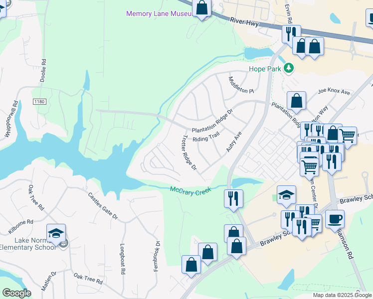 map of restaurants, bars, coffee shops, grocery stores, and more near 119 Trotter Ridge Drive in Mooresville