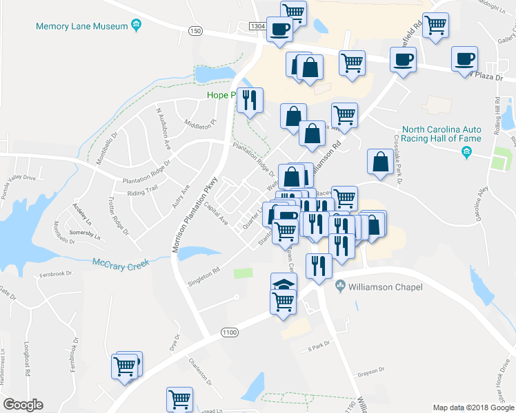 map of restaurants, bars, coffee shops, grocery stores, and more near 105 Saturday Lane in Mooresville