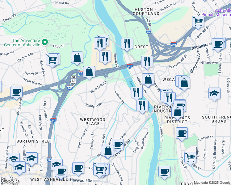 map of restaurants, bars, coffee shops, grocery stores, and more near 91 Craven Street in Asheville