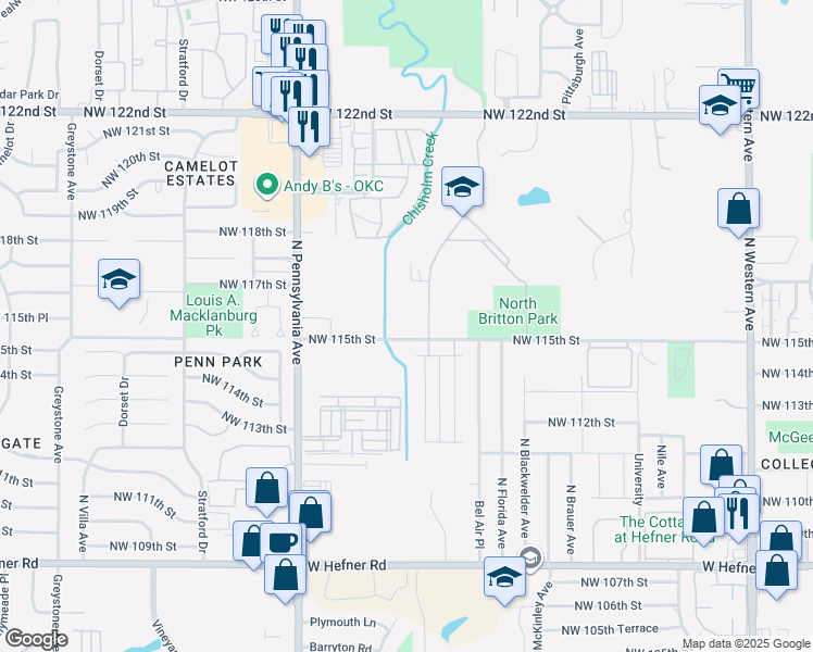 map of restaurants, bars, coffee shops, grocery stores, and more near 1701 Northwest 115th Street in Oklahoma City