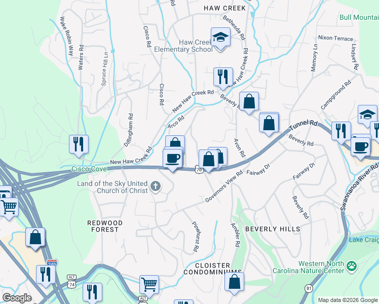 map of restaurants, bars, coffee shops, grocery stores, and more near 115 Arco Road in Asheville