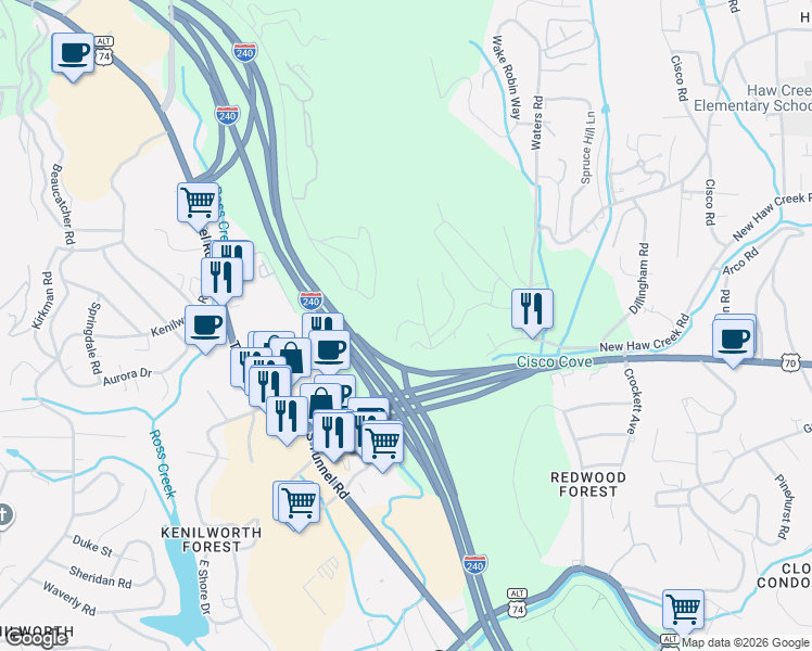 map of restaurants, bars, coffee shops, grocery stores, and more near 7 Old Haw Creek Road in Asheville