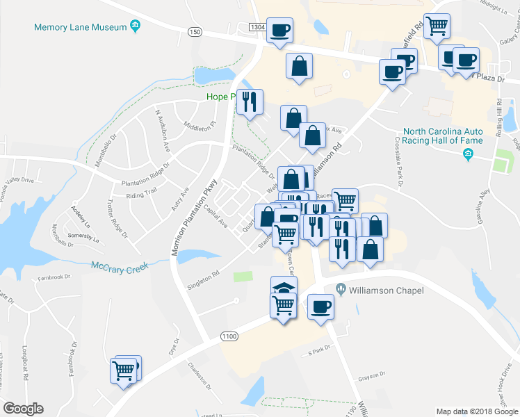 map of restaurants, bars, coffee shops, grocery stores, and more near 103 Saturday Lane in Mooresville