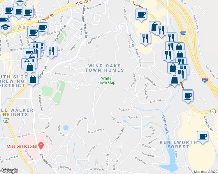 map of restaurants, bars, coffee shops, grocery stores, and more near 438 Windswept Drive in Asheville
