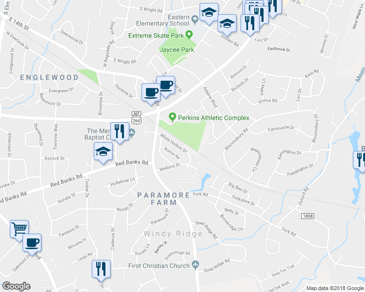 map of restaurants, bars, coffee shops, grocery stores, and more near 1929 White Hollow Drive in Greenville