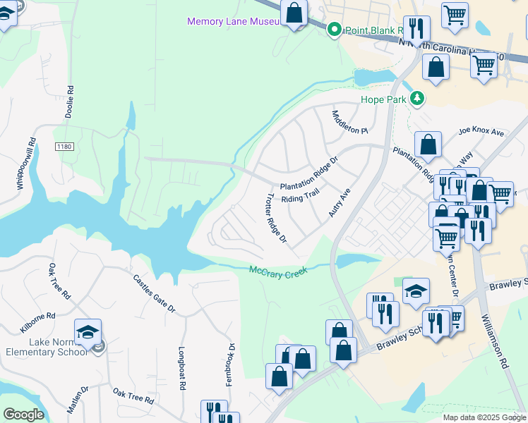 map of restaurants, bars, coffee shops, grocery stores, and more near 118 Trotter Ridge Drive in Mooresville