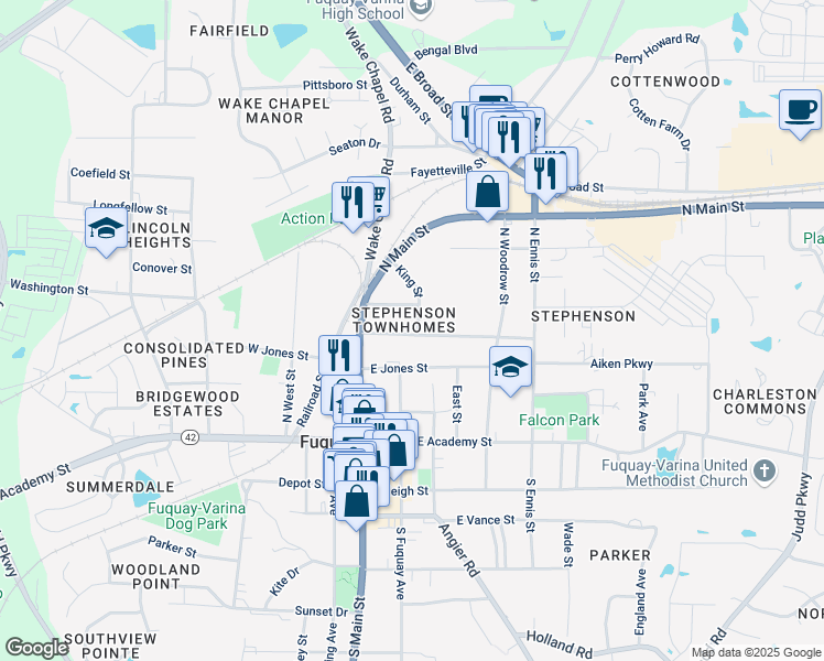 map of restaurants, bars, coffee shops, grocery stores, and more near 122 Church Street in Fuquay-Varina