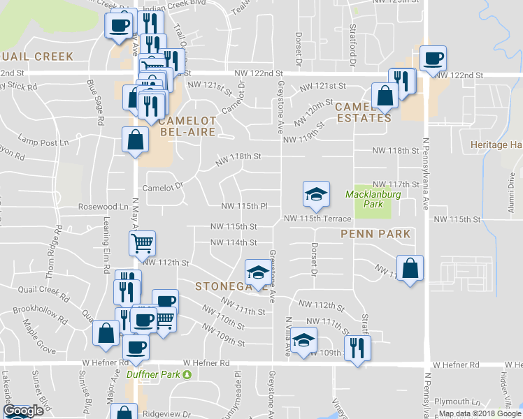 map of restaurants, bars, coffee shops, grocery stores, and more near 2516 Northwest 115th Place in Oklahoma City