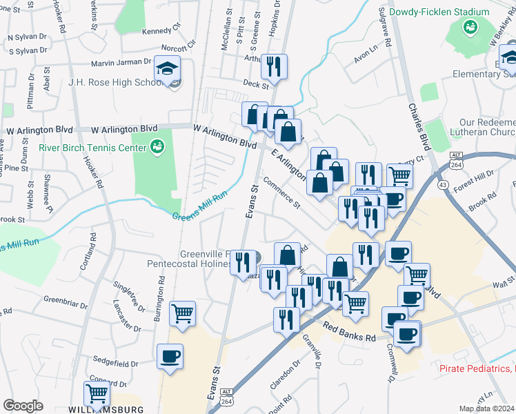 map of restaurants, bars, coffee shops, grocery stores, and more near 101 Kirkland Drive in Greenville
