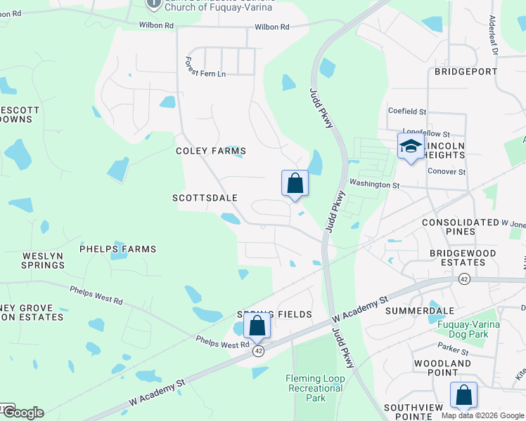 map of restaurants, bars, coffee shops, grocery stores, and more near 1141 Tulip Poplar Road in Fuquay-Varina