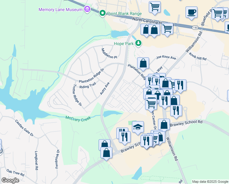 map of restaurants, bars, coffee shops, grocery stores, and more near Morrison Plantation Parkway in Mooresville