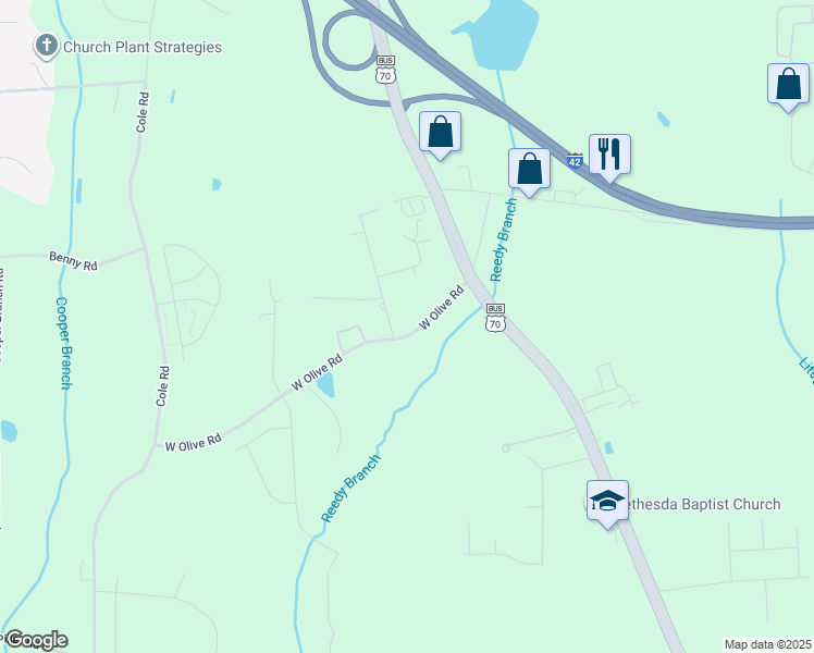 map of restaurants, bars, coffee shops, grocery stores, and more near 174 West Olive Road in Clayton