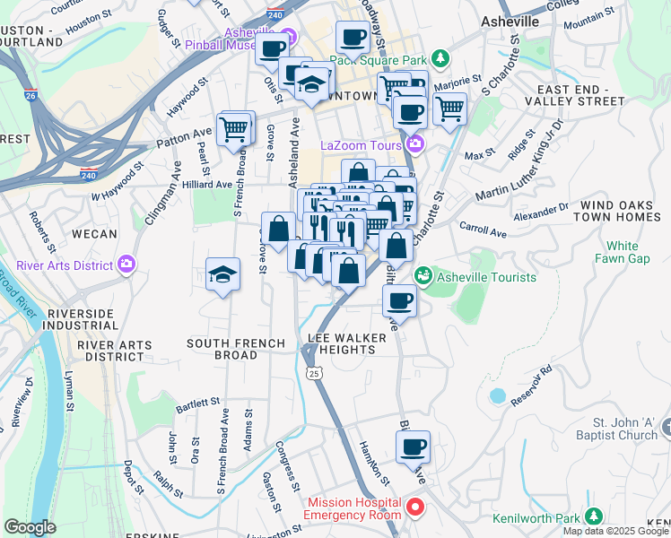 map of restaurants, bars, coffee shops, grocery stores, and more near 54 Millard Avenue in Asheville