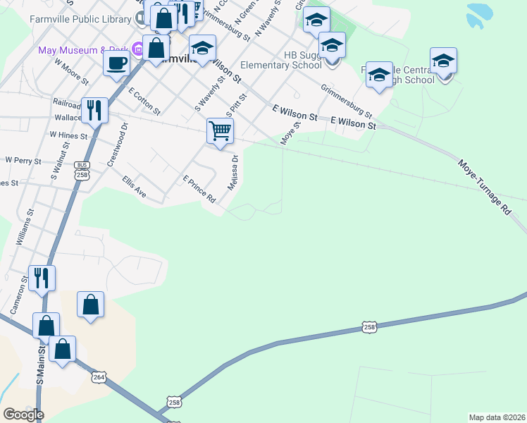 map of restaurants, bars, coffee shops, grocery stores, and more near 109 East Prince Road in Farmville