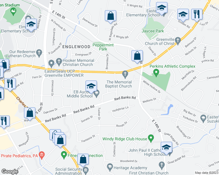 map of restaurants, bars, coffee shops, grocery stores, and more near 107 Azalea Drive in Greenville