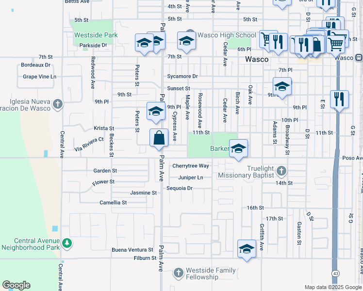 map of restaurants, bars, coffee shops, grocery stores, and more near 1916 Poso Drive in Wasco