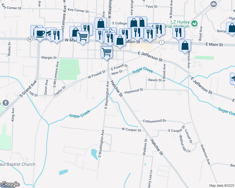 map of restaurants, bars, coffee shops, grocery stores, and more near 621 Hatchie Street in Brownsville